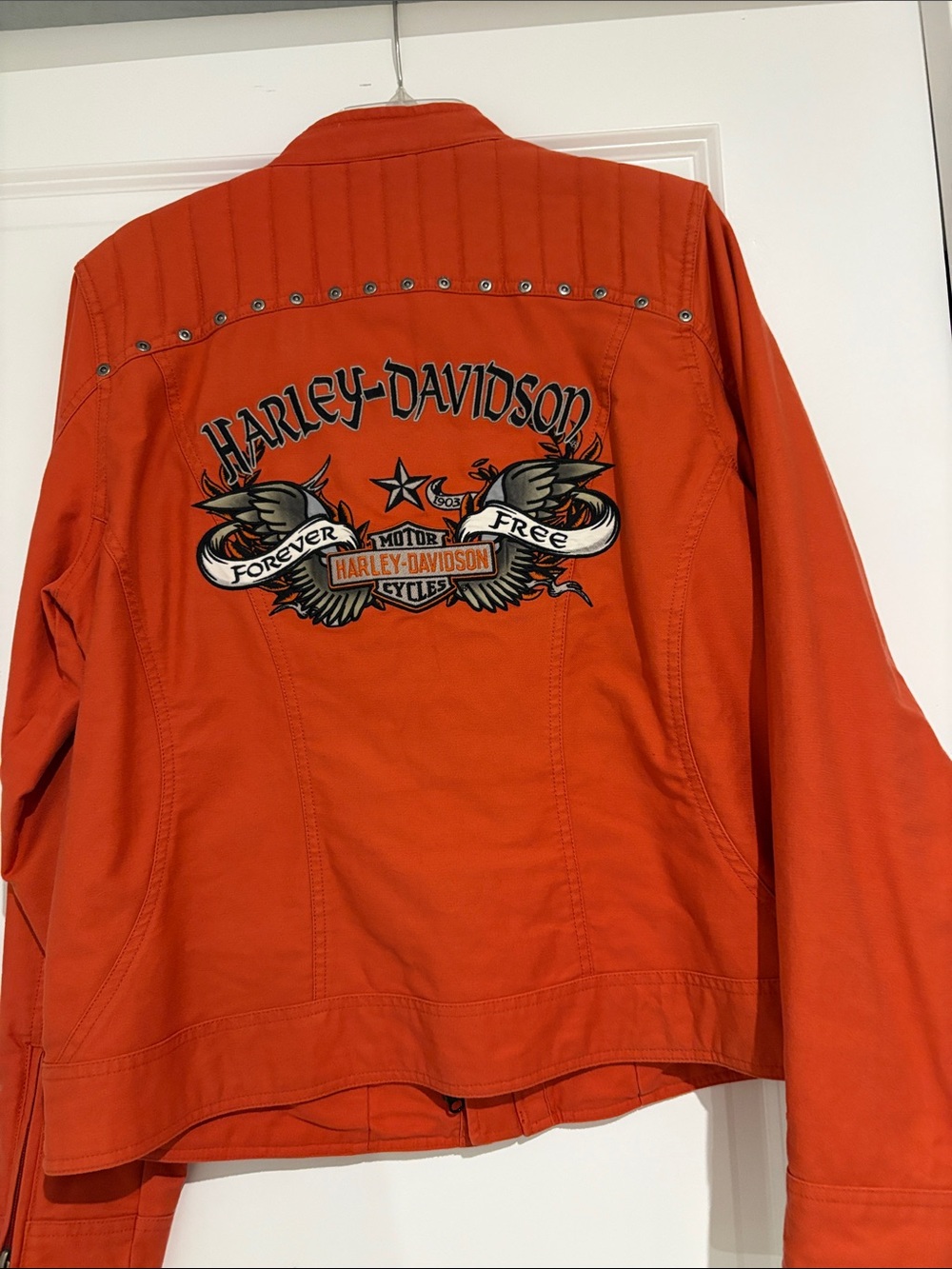 Harley-Davidson Women's Bright Orange Studded Zip Jacket - Picture 2 of 4